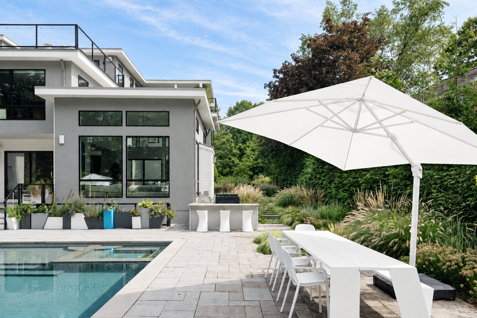 Pool from the terrace at 286 Hartshorn Drive, Short Hills