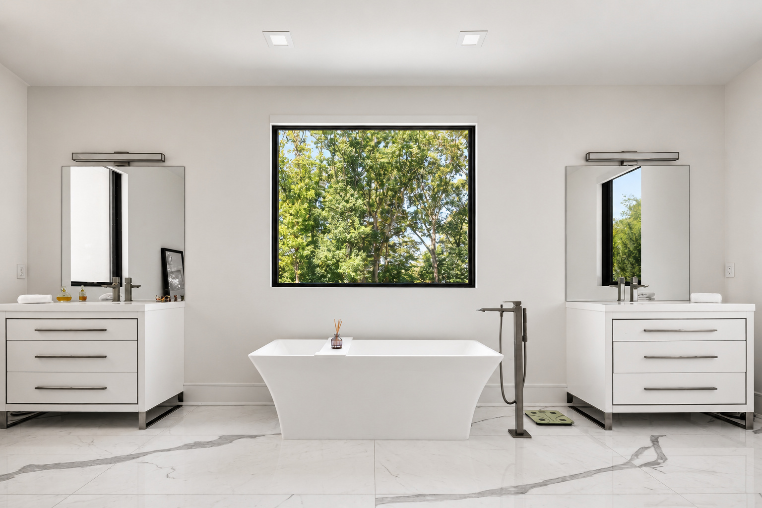 Primary bathroom with Hansgrohe fixtures at 286 Hartshorn Drive, Short Hills